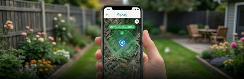 Interface d'application mobile affichant une carte satellite avec une zone de sécurité circulaire verte et un point de localisation GPS précis pour animal domestique.