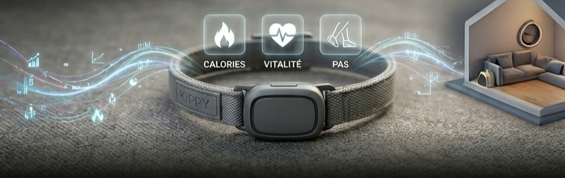 Gros plan d'un traceur GPS gris sur un collier de chien, entouré d'icônes holographiques symbolisant le calcul des calories, la vitalité cardiaque et le nombre de pas.